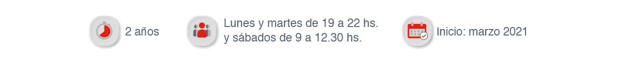 2 años – cuatrimestral Lunes y martes de 19 a 22.30 hs. y sábados de 9 a 12.30 hs.